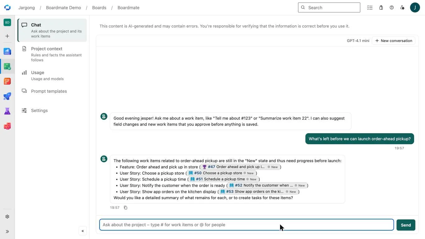The Boardmate chat in the Boards hub listing the open work items for a feature as clickable cards