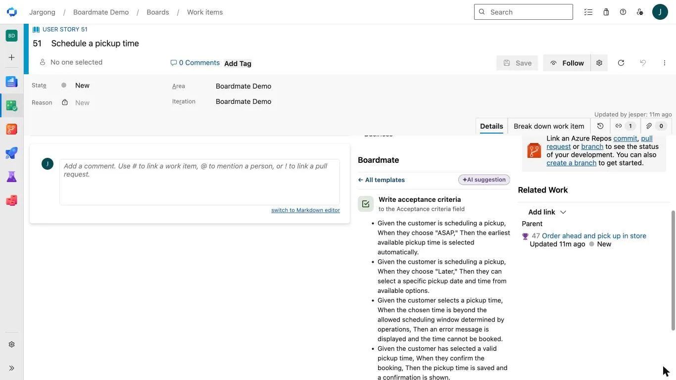 The Boardmate panel on a user story suggesting acceptance criteria for the Acceptance Criteria field