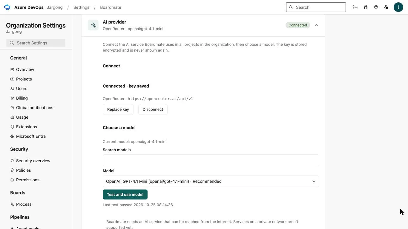Organization settings → Boardmate → AI provider, connected to OpenRouter with a model selected